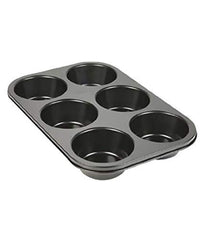 Reliable muffin cup tray with non-stick surface, 6 slots.