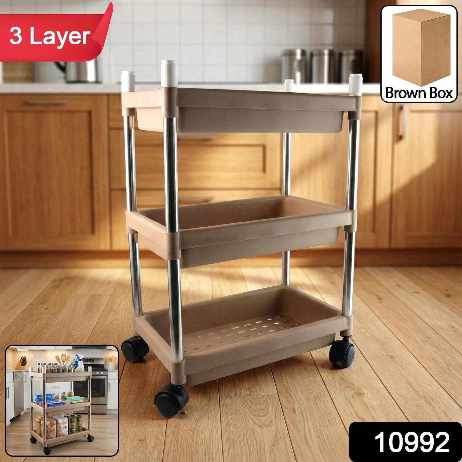Rolling home storage trolley with shelves