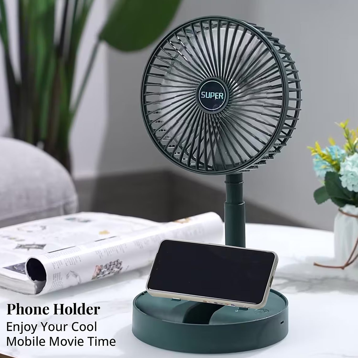Rechargeable desk fan with phone holder